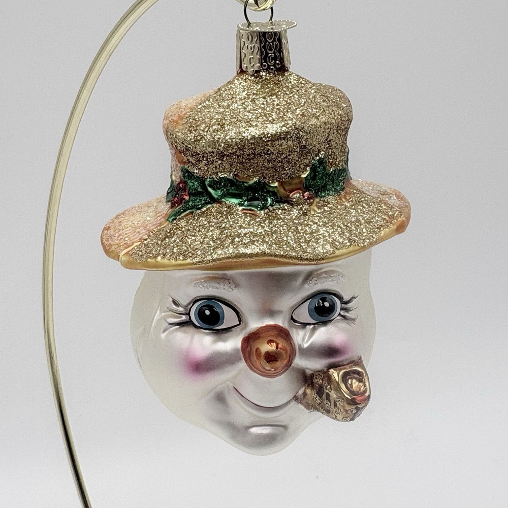 Old World Christmas Snowman Pipe Gold Glitter Hat Blown Glass Ornament OWC